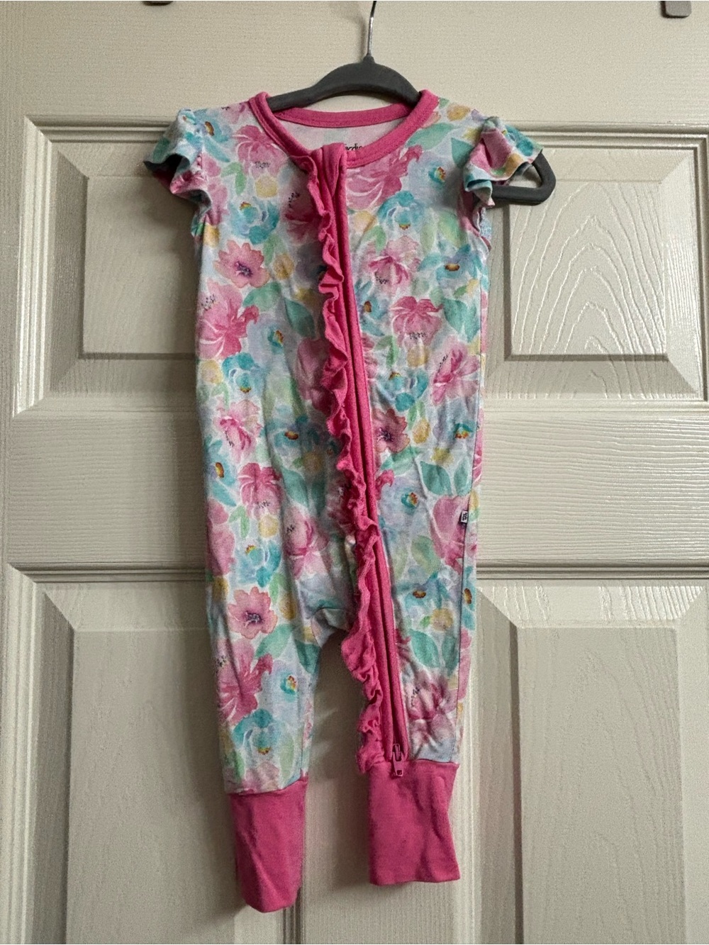 Birdie Bean Pink Bamboo Floral Ruffle-Front Kids One-Piece